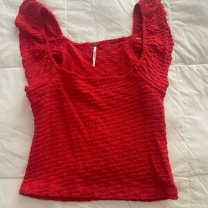 Free People Red Ruched Cap Sleeve Blouse